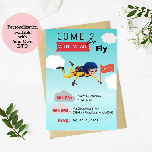 Sky Diving Birthday Invitations and Thank you Cards
