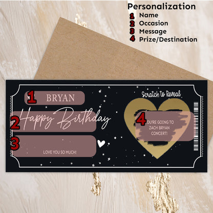Surprise Trip Reveal, Custom boarding pass, Holiday Vacation Card, Personalized Experience Card, Scratch off  Fake Concert ticket Gift