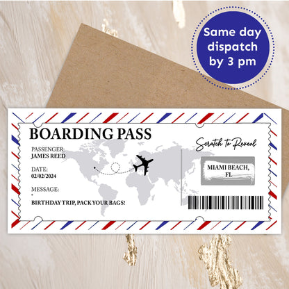 Surprise Trip Reveal, Custom Christmas boarding pass, Holiday Vacation Card, Personalized Experience Card, Scratch off ticket Gift