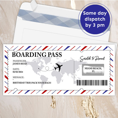 Surprise Trip Reveal, Custom Christmas boarding pass, Holiday Vacation Card, Personalized Experience Card, Scratch off ticket Gift